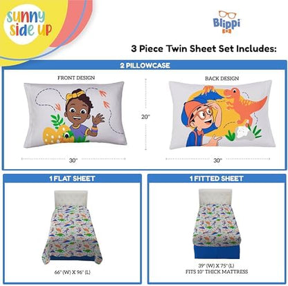 Sunny Side Up Kids Sheet Set Includes Sheets and Pillow Cover - 100% Microfiber Bedding and Room Decor, Gray - Blippi, 3 Piece Twin
