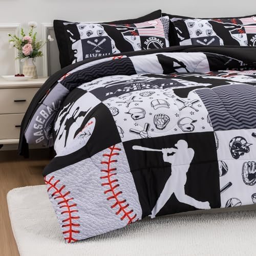 A Nice Night Sports Baseball Comforter Queen Bedding Set for Boys,Black