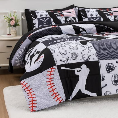 A Nice Night Sports Baseball Comforter Queen Bedding Set for Boys,Black