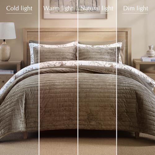 Velvet Quilt Set Queen Size -Bedding Set Taupe Soft Bedspread with 2 Shams