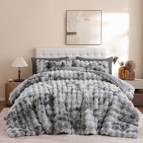 YIKUSH King Faux Fur Soft Comforter Set, Fluffy Rabbit FurBedding Set