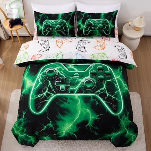 Meeting Story Boys Full Size Comforter Set, 5 Pieces 3D Game Controller Design Gamer Comforter Set, Polyester Fiber Boys Bedding for Kids Teens,Suitable for All Seasons(Green)
