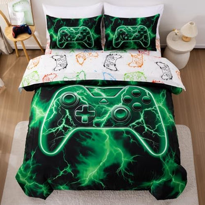 Meeting Story Boys Full Size Comforter Set, 5 Pieces 3D Game Controller Design Gamer Comforter Set, Polyester Fiber Boys Bedding for Kids Teens,Suitable for All Seasons(Green)