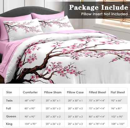 Pamnest King Comforter Set with Sheets, 7 Pieces Japanese Cherry Bedding