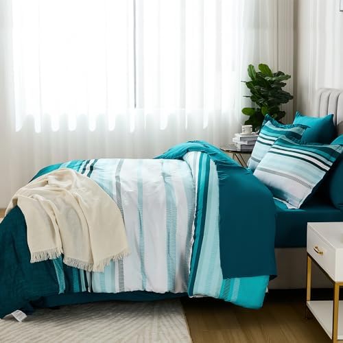 Dobuyly Teal Comforter Full Size Set 7 Pieces, Blue Boho Striped Bed in a Bag Full Size Soft Microfiber All Season Bedding Set with Comforter, Sheets, Pillowcases & Shams