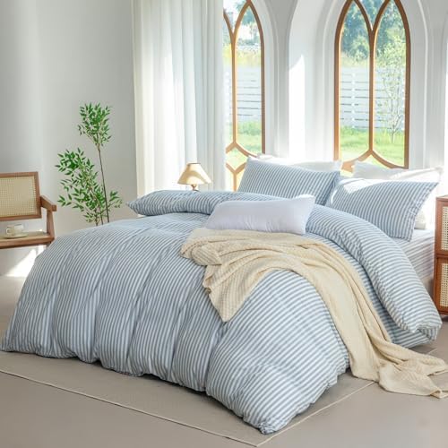Blue Striped Duvet Cover Set King Size 100% Washed Cotton Linen Feel Bedding Set Comfy Breathable