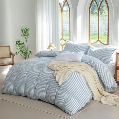 Blue Striped Duvet Cover Set King Size 100% Washed Cotton Linen Feel Bedding Set Comfy Breathable