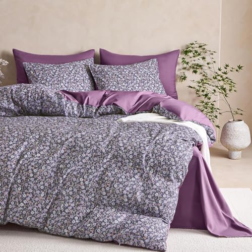 Wake In Cloud - Floral Comforter Set, Cute Vintage Flower Cottagecore Aesthetic for Women Teen Girls, Soft Lightweight Dorm Bedding, 3 Pieces, Dusty Purple, Full Size