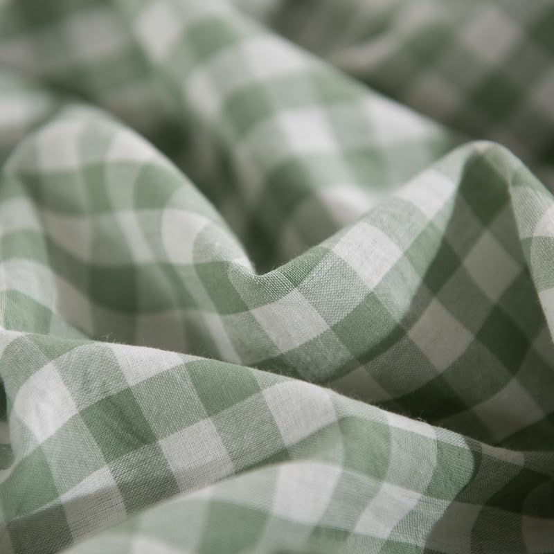 NEXHOME PRO Green Gingham Duvet Cover Queen, 100% Washed Cotton Like Linen Feel Organic Natural Bedding Set 3 Piece Sage Vintage Plaid Checkered Comforter Cover Set (No Comforter) 9090