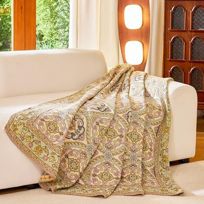 VANJOROY Boho Throw Blanket for Bed Couch 50" x 60", 100% Organic Cotton Skin-Friendly Ultra Soft Quilt Throw - Floral Rustic Living Room Decor Luxury Reversible Blanket for Sofa Chair and Gift