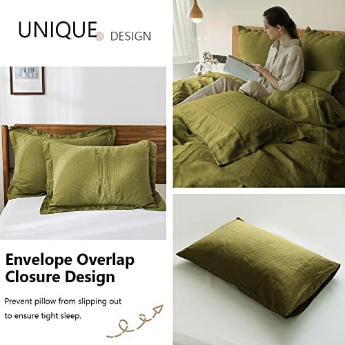 Simple&Opulence 100% Washed Linen Duvet Cover Set 5pcs(1 Duvet Cover& 2 Shams& 2 Pillowcases) Basic Style Natural French Flax Soft Breathable Farmhouse Bedding (King, Olive Green)