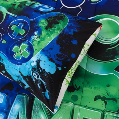 NTBED Game Console Comforter Set for Boys Girls Kids Tie Dye GamingLightweight Microfiber Gamer Bedding Sets (Blue Green, Full 5Pcs)