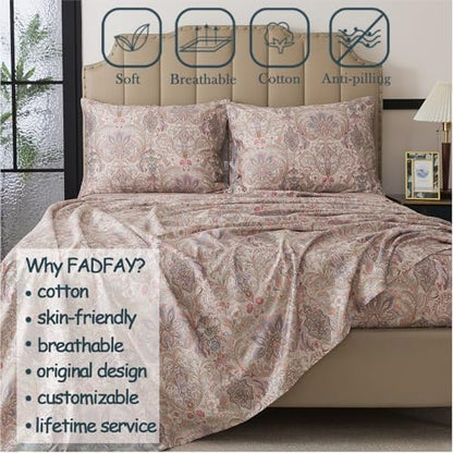 FADFAY 100% Cotton King Vintage Brown Paisley Sheet Set
