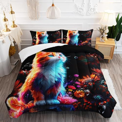 Cartoon Kawaii Cat Comforter Set Full Size 3D Animals Flower Toddler Bedding Set Cat Lovers Animal Bubble Design Quilt Bed Set for Girls Kids Teens