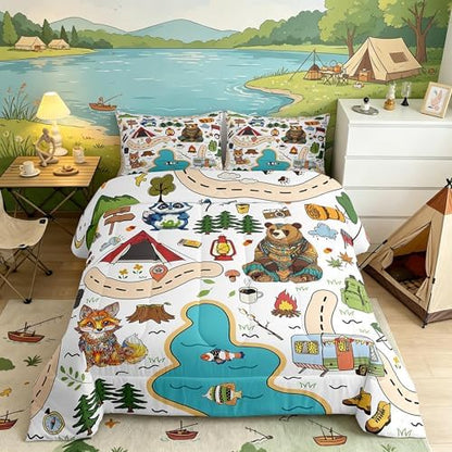 Feelyou Camping Adventure Bedding Set,Kids Boys Girls Toddler Size Cartoon Animal Tent Mountain Tree Comforter Set,Ultra Soft Camping Bonfire Outdoor Activities Comforter,Art Duvet Quilt,Quilt