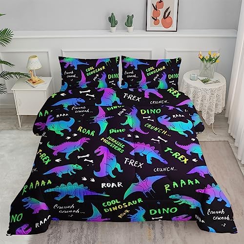 Axolotl Cartoon Dinosaur Bedding Set King Size,Gradient Dinosaur Comforter for Kids Teens,Colorful Dino Kids Bed Set,Monsters Bedding for Boys Girls Adults,1 Quilt with 2 Pillowcases All Season,Black
