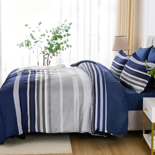 Dobuyly Navy Blue Comforter Full Size Set 7 Pieces, Boho Striped Bed in a Bag Full Soft Microfiber All Season Bedding Set with Comforter, Sheets, Pillowcases & Shams