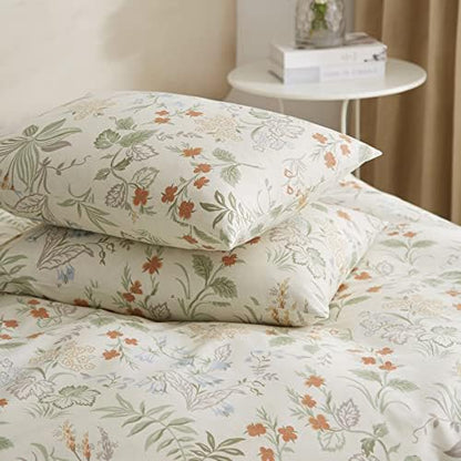 mixinni White Duvet Cover Set with Green Leaves Twin Size 100% Cotton Flower Printed Bedding Set 1 Duvet Cover 2 Pillowcases for Teen Girls, Ultra Soft, Breathable, Comfortable(3pcs, Twin Size)