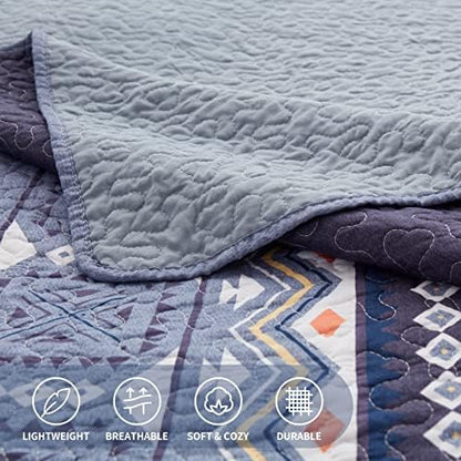 LEAONME Quilt Set Full/Queen Size 3 Piece Bedspread Coverlet Lightweight Comforter Microfiber Bedding Set for All Season Oversized 90x98 Inch Bed Cover Bohemian Navy Blue(1 Quilt,2 Pillow Shams)