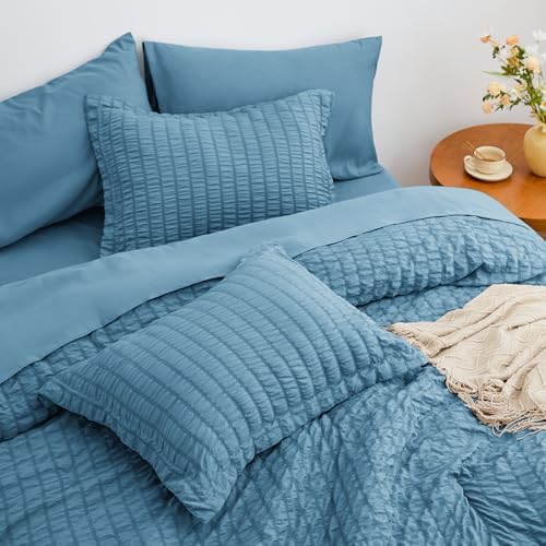 Love's cabin Seersucker Misty Blue Full Comforter Set