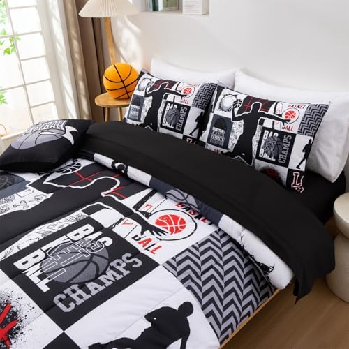 Aimuan Basketball Bedding Set for Boys Kids Teens, Soft Black and Red Sports Geometric Grid Patchwork Theme Basketball Bedding Sets Full Size, Black