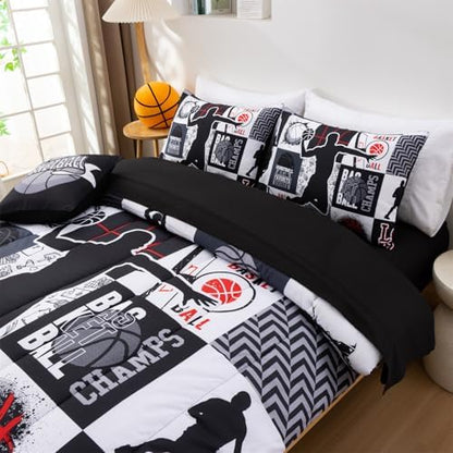 Aimuan Basketball Bedding Set for Boys Kids Teens, Soft Black and Red Sports Geometric Grid Patchwork Theme Basketball Bedding Sets Full Size, Black