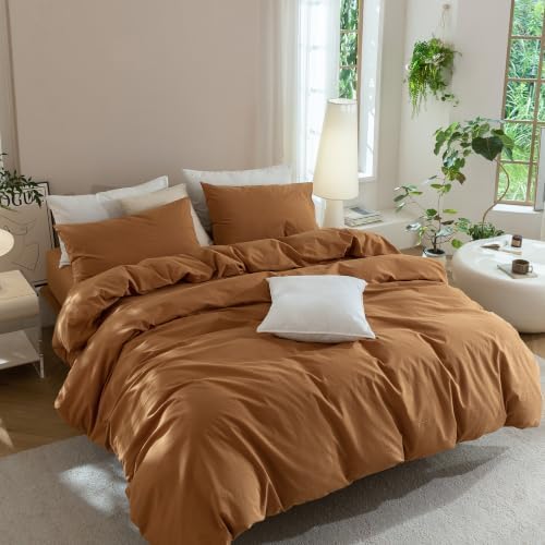 JIYUAN Queen Washed Cotton Duvet Cover Set, 3-Piece, Relaxed Linen Feel