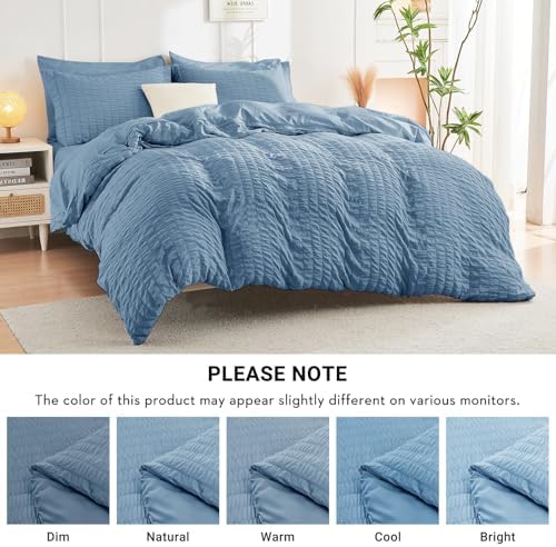 HYMOKEGE Mineral Blue California King Comforter Set Seersucker 7 Pieces, All Season Luxury Bed in a Bag for Bedroom, Bedding Set with Comforter, Sheets, Pillowcases & Shams
