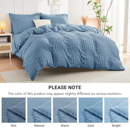 HYMOKEGE Mineral Blue California King Comforter Set Seersucker 7 Pieces, All Season Luxury Bed in a Bag for Bedroom, Bedding Set with Comforter, Sheets, Pillowcases & Shams