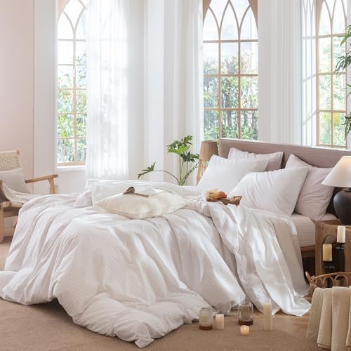 MooMee Striped Duvet Cover Set 100% Washed Cotton Linen Like Queen
