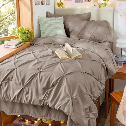 Sasttie Twin XL Comforter Set, 5-Piece Bed in a Bag, Pintuck Bedding Sets for All Season, Includes Comforter, Flat Sheet, Fitted Sheet, Pillowcase and Pillowsham, Dark Linen