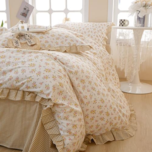 Ruffle Floral Comforter Set Full Size 3 Pieces Chic Coquette Bedding Aesthetic Flower Comforter with 2 Lace Pillowcases Romantic Ruffled Comforter Floral Cottagecore Bedding Fluffy Bed Set Full