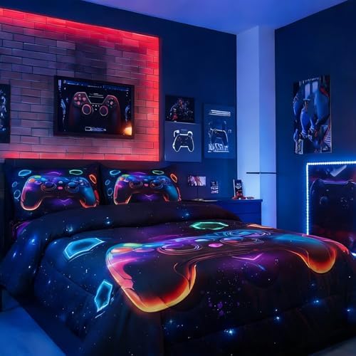 Erosebridal Game Consoles Full Size Bedding Set Gamer Gifts,Gaming Comforter Sets for Boys Space Glow Geometric Kids Comforter Sets Boy Red Green Blue Teal,Gamer Decor for Boys Bedroom