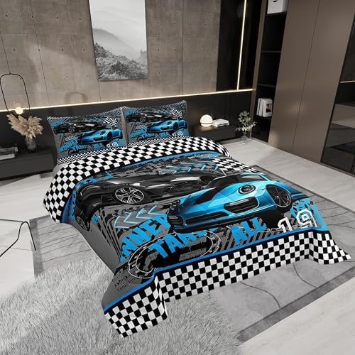 Blue Race Car Comforter for Boys Kids,Extreme Sports Comforter Set Queen Size Home Decor,Soft Black White Grid Bedding Set,Cool Cars Teens Bedroom Down Duvet,1 Comforter with 2 Pillowcases