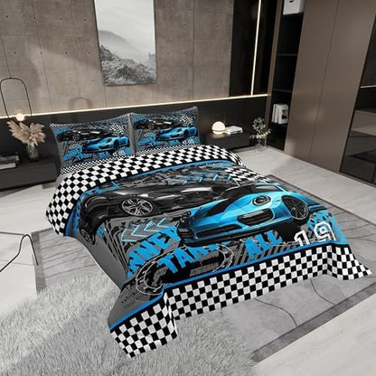 Blue Race Car Comforter for Boys Kids,Extreme Sports Comforter Set Queen Size Home Decor,Soft Black White Grid Bedding Set,Cool Cars Teens Bedroom Down Duvet,1 Comforter with 2 Pillowcases