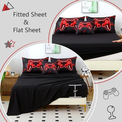 Black Red Full Size Boys Comforter Set 6-Piece Gaming Bed in A Bag 3D Video Games Bedding Set for Kids, Soft Lightweight Gamer Teen Boy Bed Comforter Sheet Set (Black Red, Full)