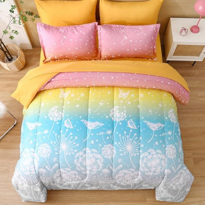 Dinjoy Girls Comforter Set 7 Pieces, Queen Size Colorful Ombre Rainbow Bedding Set, Bed in A Bag for Kid Teen Girls (1 Comforter, 1 Flat Sheet, 1 Fitted Sheet, 2 Pillow Shams, 2 Pillowcases)