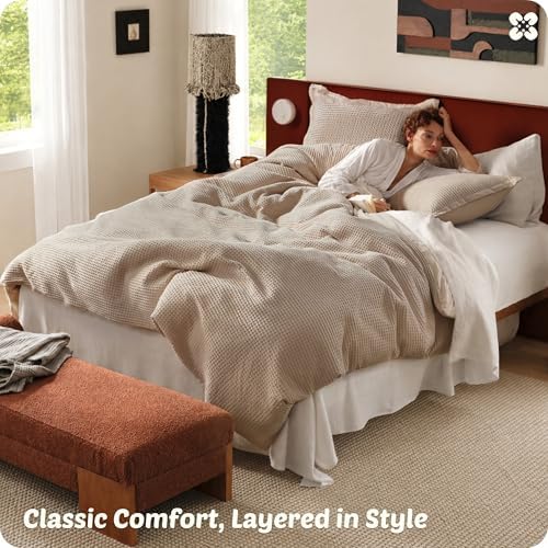 Bedsure PureWoven 100% Cotton Waffle Duvet Cover Set, 2 Pieces, Twin, Khaki