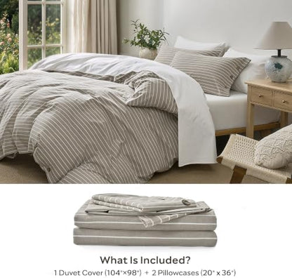 JELLYMONI 100% Washed Cotton Beige Striped Duvet Cover Set Cal King
