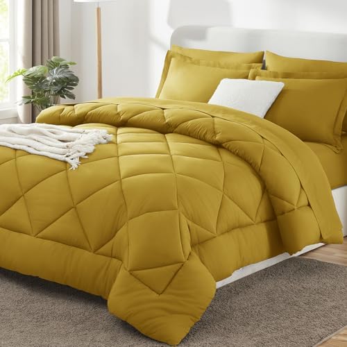 CozyLux King Comforter Set 102"x90" Mustard Yellow - 7 Piece Bed in a Bag