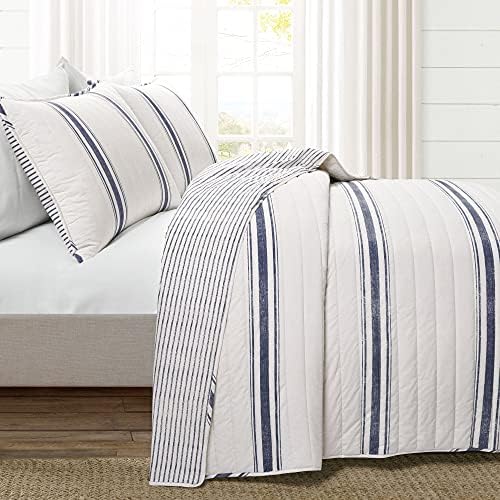 Lush Decor Farmhouse Stripe Reversible Cotton Quilt King Size 3 Piece Set Navy - Farmhouse Bedding Set King Quilt - Striped Bedding