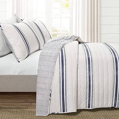 Lush Decor Farmhouse Stripe Reversible Cotton Quilt California King Size 3 Piece Set Navy - Farmhouse Bedding Set - Cal King Quilt - Striped Bedding