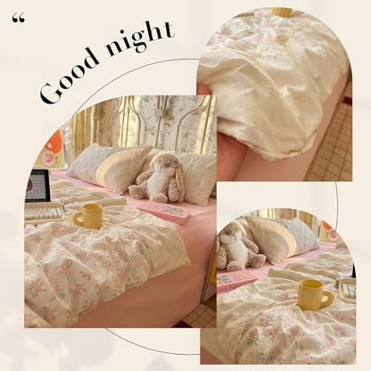 mixinni Vintage Floral Duvet Cover Set - 3 Piece King Size Pink Cottagecore Bedding with Lace Trim, Shabby Chic Bedding Set, Includes 1 Duvet Cover & 2 Pillowcases, Boho Aesthetic for Girls & Dorms
