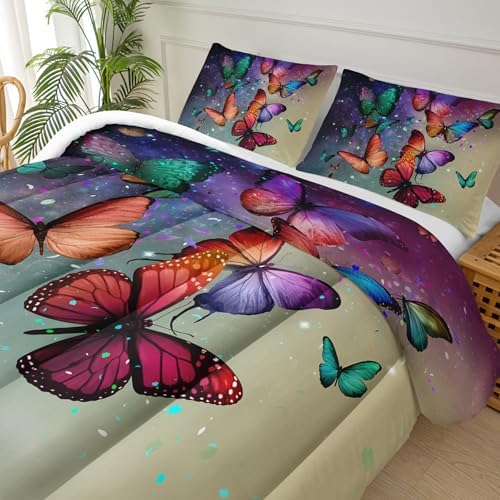 Colorful Butterfly Bed Comforter Set,Rainbow Butterfly Comforter Set Twin for Boys Girls,Dreamy Butterfly Galaxy Gradient Print Bedding Set,Soft Microfiber Quilt Set with 2 Pillowcase