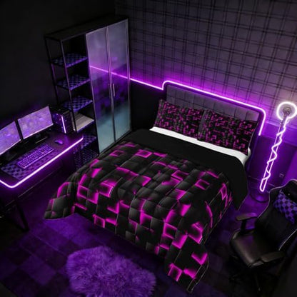 Erosebridal Neon Black Purple Comforter Set Toddler Violet Geometric Checkered Bedding Set for Kids Teen Adults Gaming Room Decor,Abstract Ombre Plaid Comforter Grids Quilt Duvet