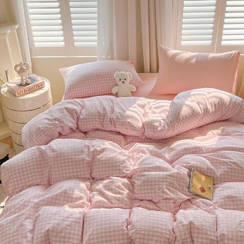 LifeTB Pink Gingham Comforter Set Full Size Modern Style Pink Grid Comforter Set 3 Pieces Plaid Checkered Pattern Comforter Fluffy Soft Farmhouse Gingham Bedding Comforter with 2 Pillowcases