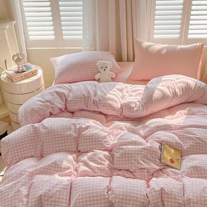 LifeTB Pink Gingham Comforter Set Full Size Modern Style Pink Grid Comforter Set 3 Pieces Plaid Checkered Pattern Comforter Fluffy Soft Farmhouse Gingham Bedding Comforter with 2 Pillowcases