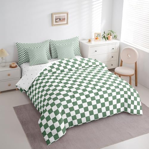jejeloiu Green and White Bedding Set 7Pcs Full Size Kids Plaid Checkered Comforter Set with Sheets for Boys Girls Classic Grid Buffalo Check Bed in a Bag Soft Lightweight,Microfiber