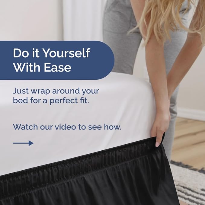Wrap Around Dust Ruffle Bed Skirt - Black - for Queen Size Beds with 18 Inch Drop - Easy Fit Elastic Strap - Adjustable Pleated Bedskirt w/Brushed Fabric - Wrinkle Free - for Women, Men, Kids & Teens