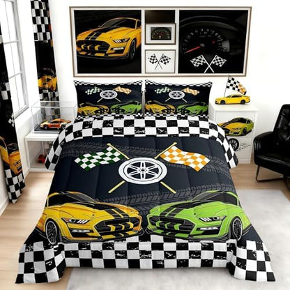 Teens Racing Car Comforter Set Queen Size,Black and White Square Bedding Set for Kids Boys Girls Bedroom Decoration,Yellow and Green Bed Duvet Insert,Sports Car Comforter with 2 Pillowcase
